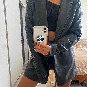 Faux Leather Peak Lapel One Button Boyfriend Blazer